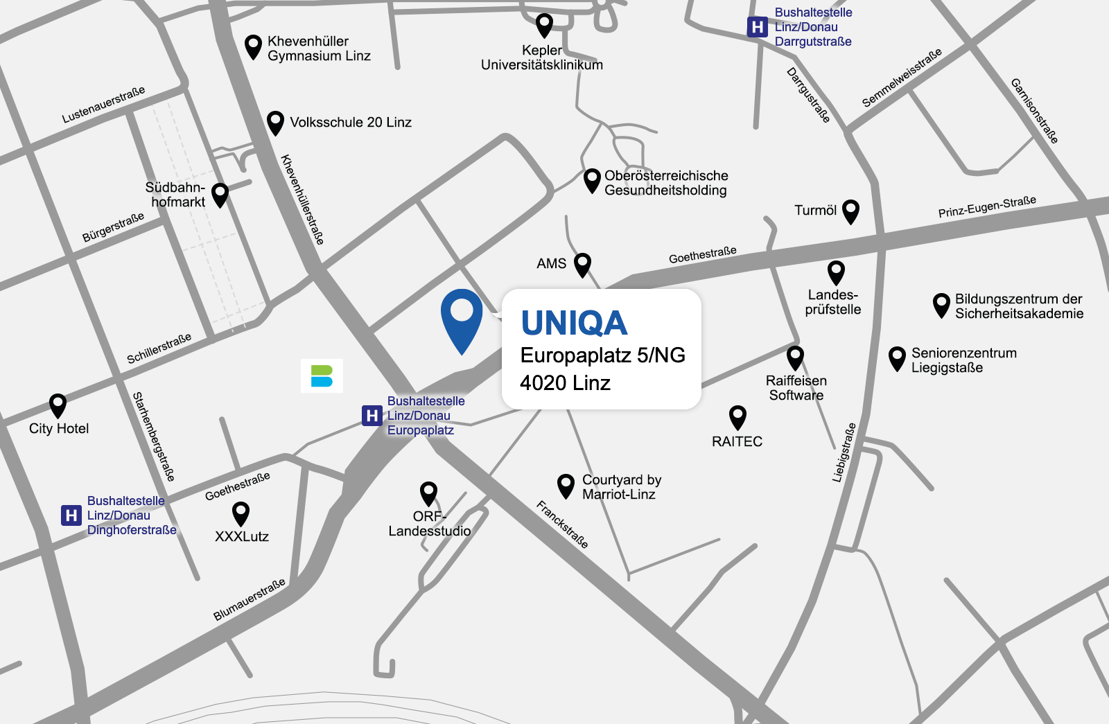 Eine detaillierte gezeichnete Karte der UNIQA Generalagentur Priglinger und Mildner